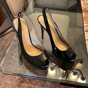 Black patten, open-toe, sling back heels by MK